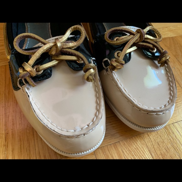 Sperry Top Sider Boat Shoe Flat Beige Black Gold 6 - Picture 5 of 16